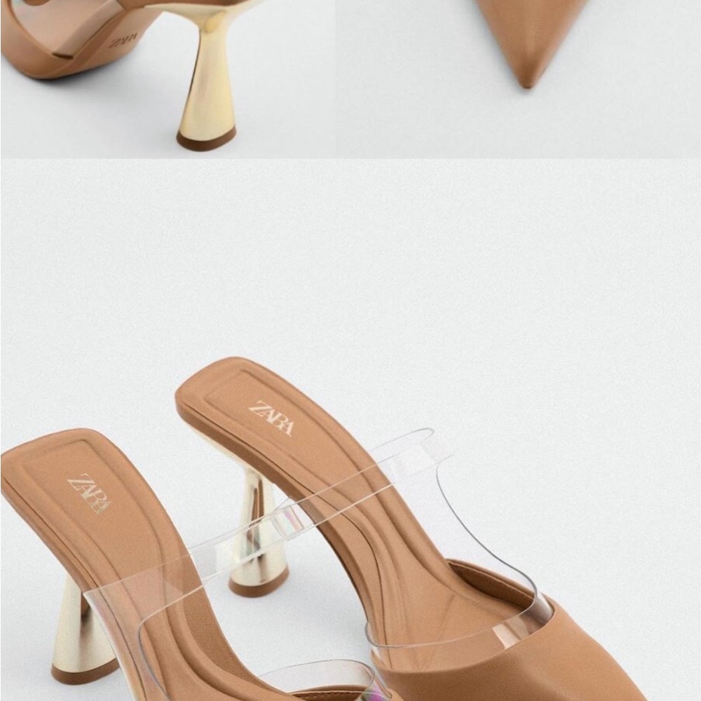 Zara Tan Mule Heels with Clear PVC Strap and Gold Sculpted Heel